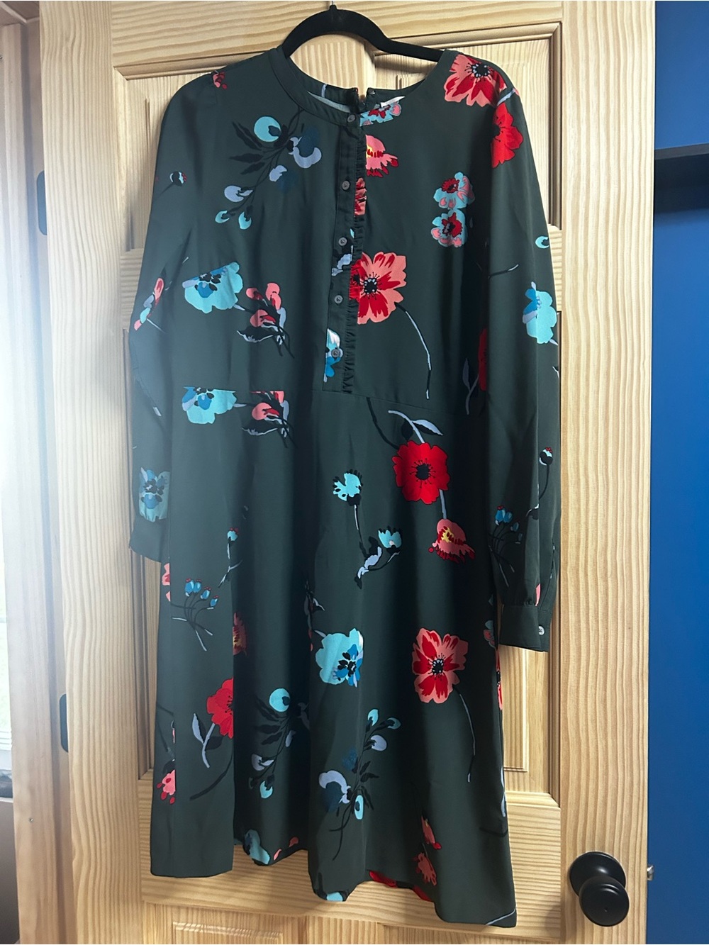 LOFT Dark Green dress with Red Floral Accent